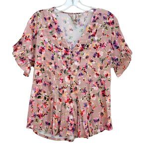 Anthropologie DOLAN Left Coast Mitzi Floral Top XS Pink Button Pleated Blouse